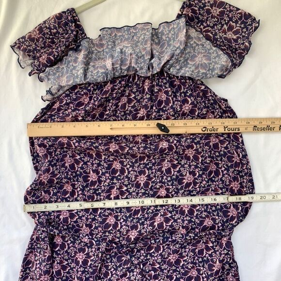 Eberjey Floral Prairie Voile Dress Ruffle Off Shoulder Belted Small Purple - Picture 8 of 11